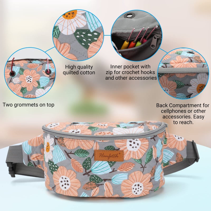 Hanfetch Yarn Crossbody Waist bag Small Yarn Storage Organizer for Yarn Skeins-Organizer for Crochet Hooks and Other Accessories (Flower-Grey) - Image 5