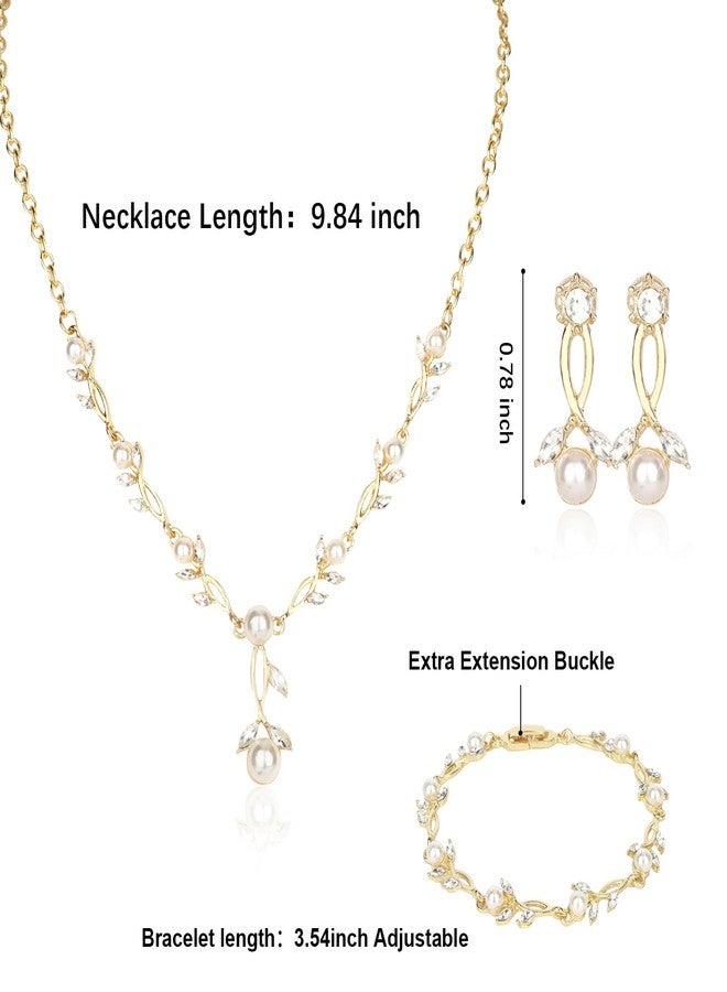 كافتي طقم مجوهرات من اللؤلؤ والكريستال من كافيتي للنساء - قلادة أنيقة، أقراط وسوار لحفلات الزفاف وإكسسوارات العروس ووصيفاتها (ذهبي) - Image 4