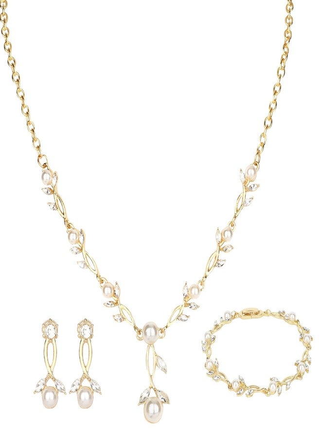 كافتي طقم مجوهرات من اللؤلؤ والكريستال من كافيتي للنساء - قلادة أنيقة، أقراط وسوار لحفلات الزفاف وإكسسوارات العروس ووصيفاتها (ذهبي) - Image 1