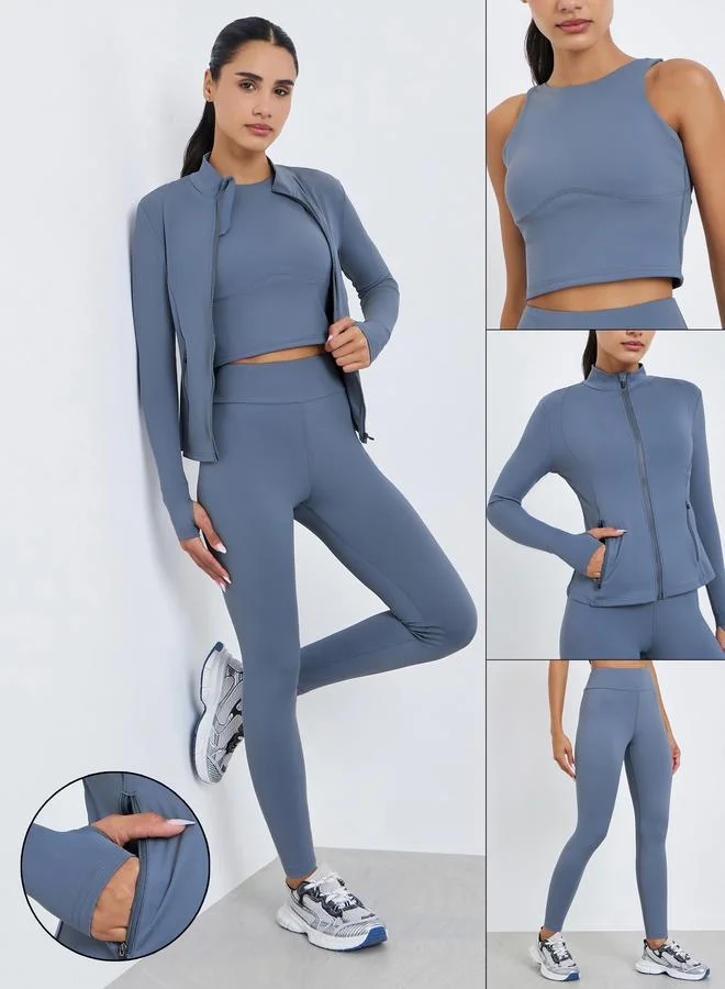 Styli Active Pack of 3 - Low Back Sports Bra, Zip-Up Jacket and Leggings