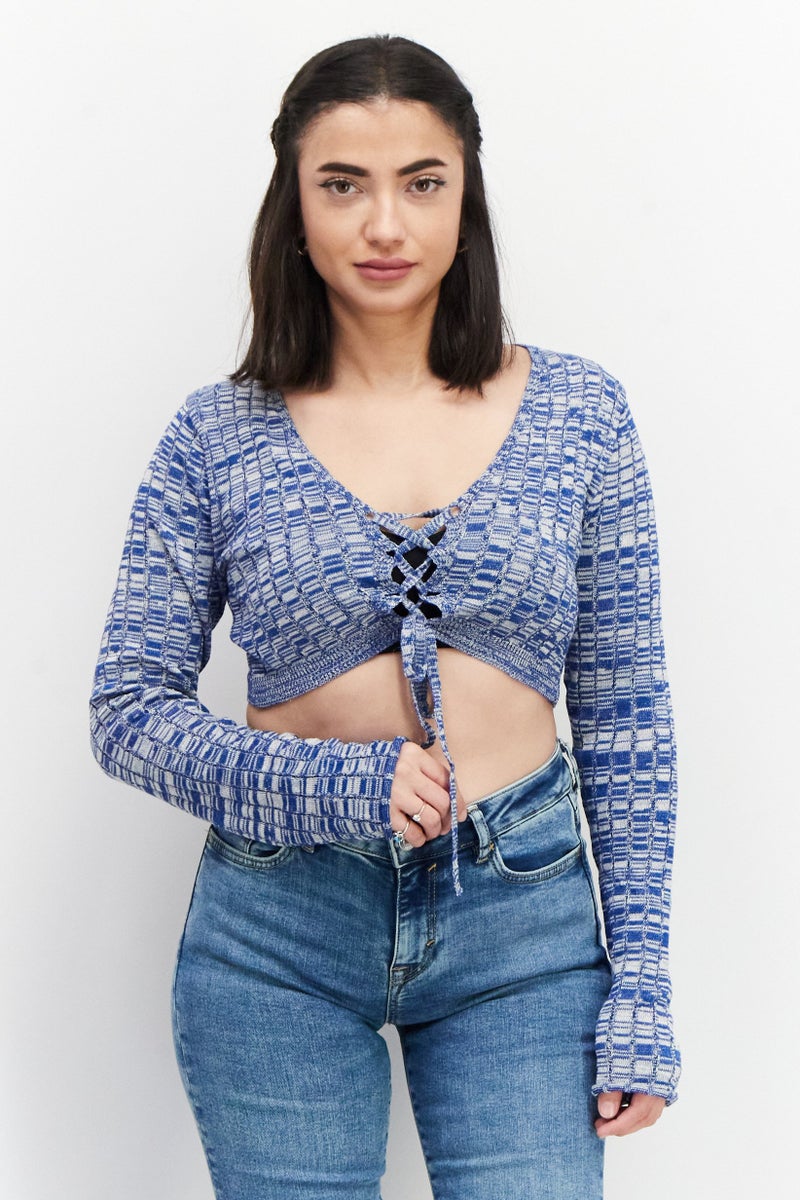 NA-KD Women Tie Neck Long Sleeve Textured Top, Blue - Image 1