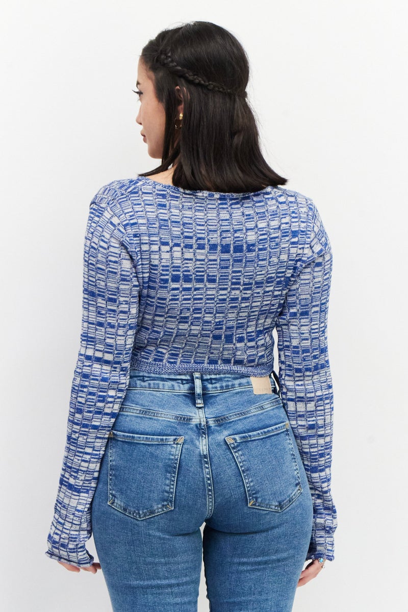 NA-KD Women Tie Neck Long Sleeve Textured Top, Blue - Image 3