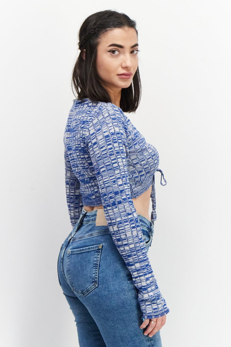 NA-KD Women Tie Neck Long Sleeve Textured Top, Blue - Image 2