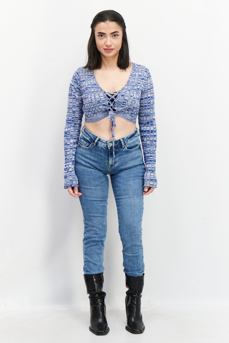 NA-KD Women Tie Neck Long Sleeve Textured Top, Blue - Image 4