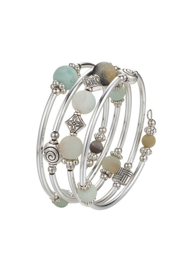 Pearl&Club Beaded Pearl Bangle Wrap Bracelet Fashion Bohemian Jewelry Multilayer Charm Bracelet With Thick Silver Metal Beads Gift For Women And Girls (Green)  - Image 2
