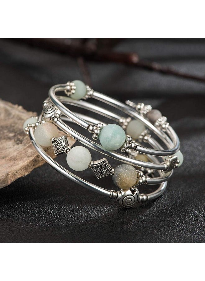 Pearl&Club Beaded Pearl Bangle Wrap Bracelet Fashion Bohemian Jewelry Multilayer Charm Bracelet With Thick Silver Metal Beads Gift For Women And Girls (Green)  - Image 3