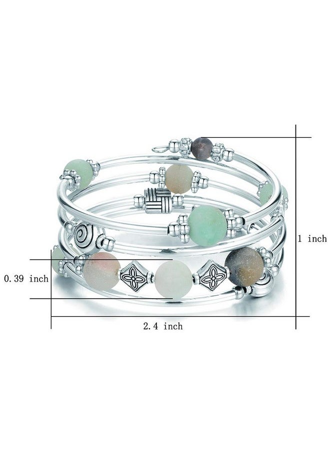 Pearl&Club Beaded Pearl Bangle Wrap Bracelet Fashion Bohemian Jewelry Multilayer Charm Bracelet With Thick Silver Metal Beads Gift For Women And Girls (Green)  - Image 4