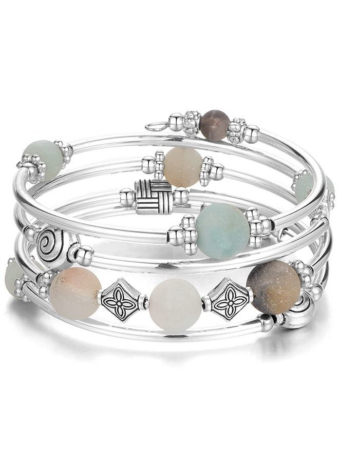Pearl&Club Beaded Pearl Bangle Wrap Bracelet Fashion Bohemian Jewelry Multilayer Charm Bracelet With Thick Silver Metal Beads Gift For Women And Girls (Green)  - Image 1