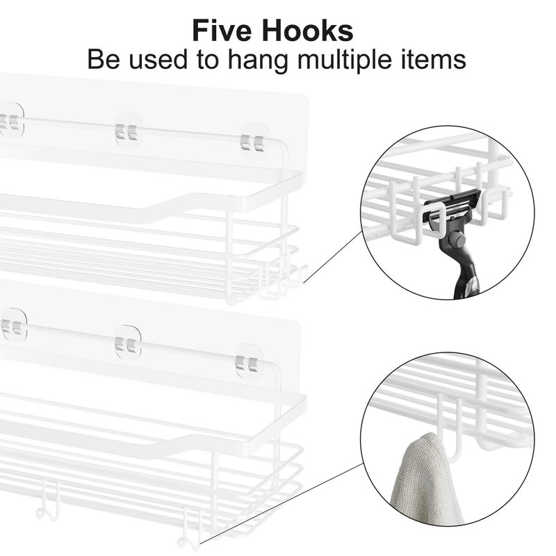 Orimade Shower Caddy Basket Shelf Storage Rack  No Drilling Wall Mounted Adhesive Rust Proof Stainless Steel Shower Organizer with 5 Hooks for Bathroom  White 2 Pack - Image 3