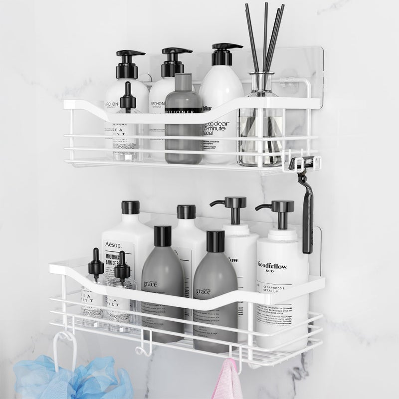 Orimade Shower Caddy Basket Shelf Storage Rack  No Drilling Wall Mounted Adhesive Rust Proof Stainless Steel Shower Organizer with 5 Hooks for Bathroom  White 2 Pack - Image 1