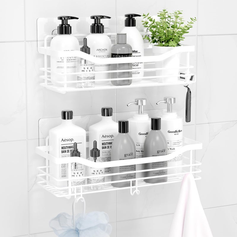 Orimade Shower Caddy Basket Shelf Storage Rack  No Drilling Wall Mounted Adhesive Rust Proof Stainless Steel Shower Organizer with 5 Hooks for Bathroom  White 2 Pack - Image 2