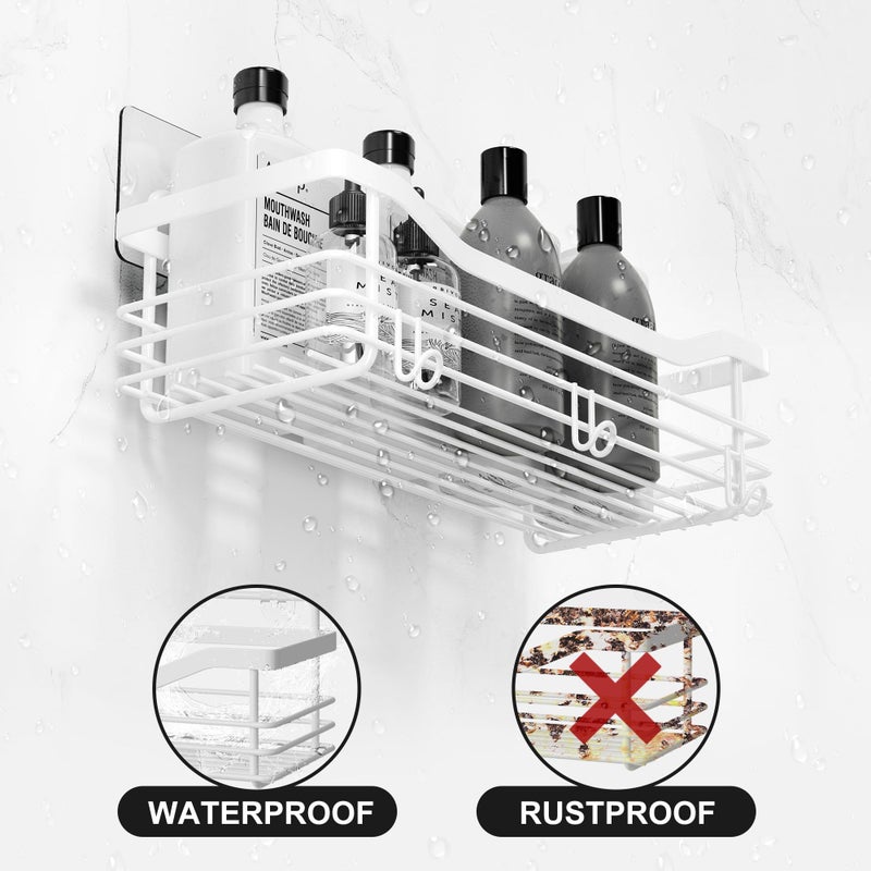 Orimade Shower Caddy Basket Shelf Storage Rack  No Drilling Wall Mounted Adhesive Rust Proof Stainless Steel Shower Organizer with 5 Hooks for Bathroom  White 2 Pack - Image 5
