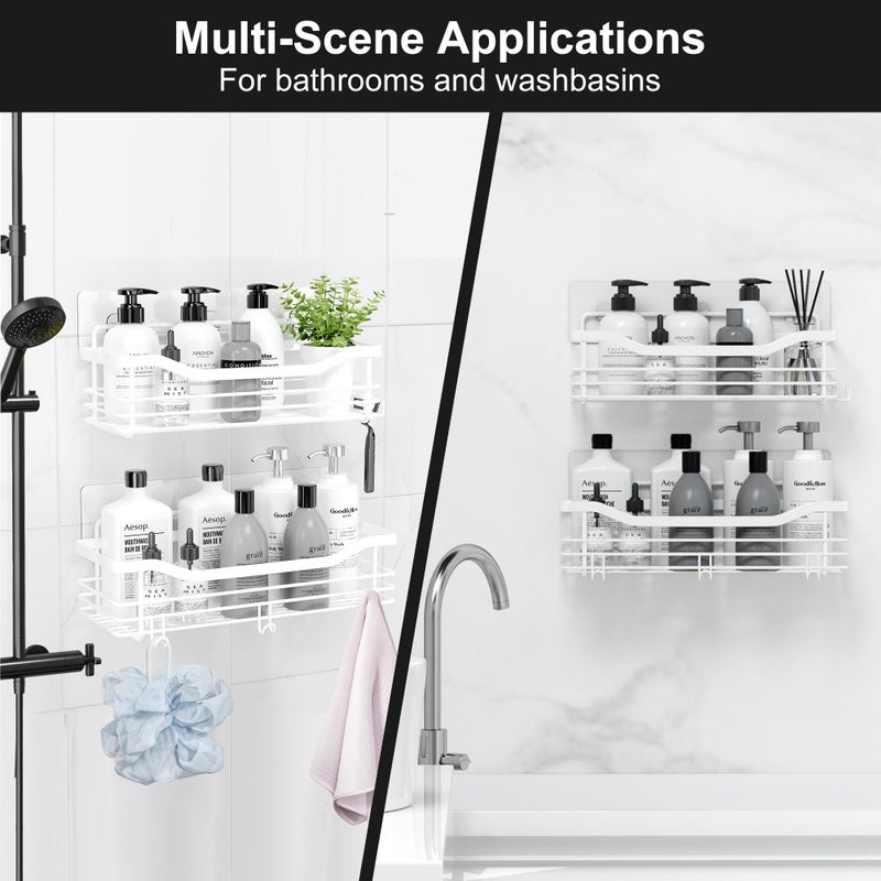 Orimade Shower Caddy Basket Shelf Storage Rack  No Drilling Wall Mounted Adhesive Rust Proof Stainless Steel Shower Organizer with 5 Hooks for Bathroom  White 2 Pack - Image 4