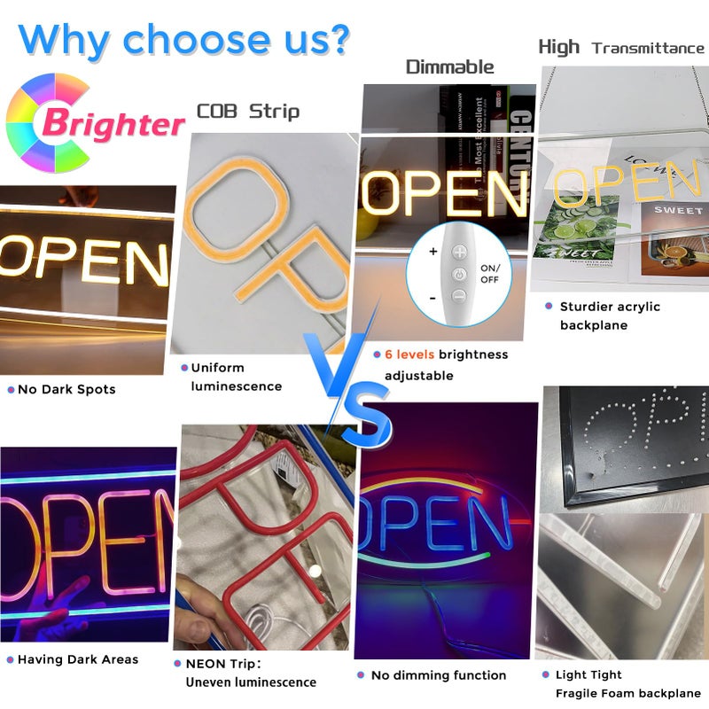 ROLANCHE Open Signs for Business, COB Chip LED Neon Open Sign, 16"x 9" Bright Electric Light Up Open Signs with ON/OFF Switch for Bars, Stores, Coffee Shop, Hotel, Window, Outdoor etc. - Image 4