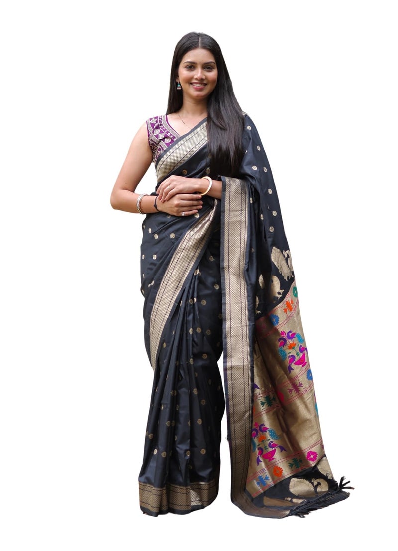 AMIRAT Women's Paithani Silk Saree with Woven Zari | Sari for Women | Kanjivaram Silk Sarees With Blouse (Black) - Image 1