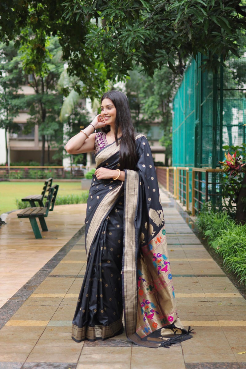 AMIRAT Women's Paithani Silk Saree with Woven Zari | Sari for Women | Kanjivaram Silk Sarees With Blouse (Black) - Image 3