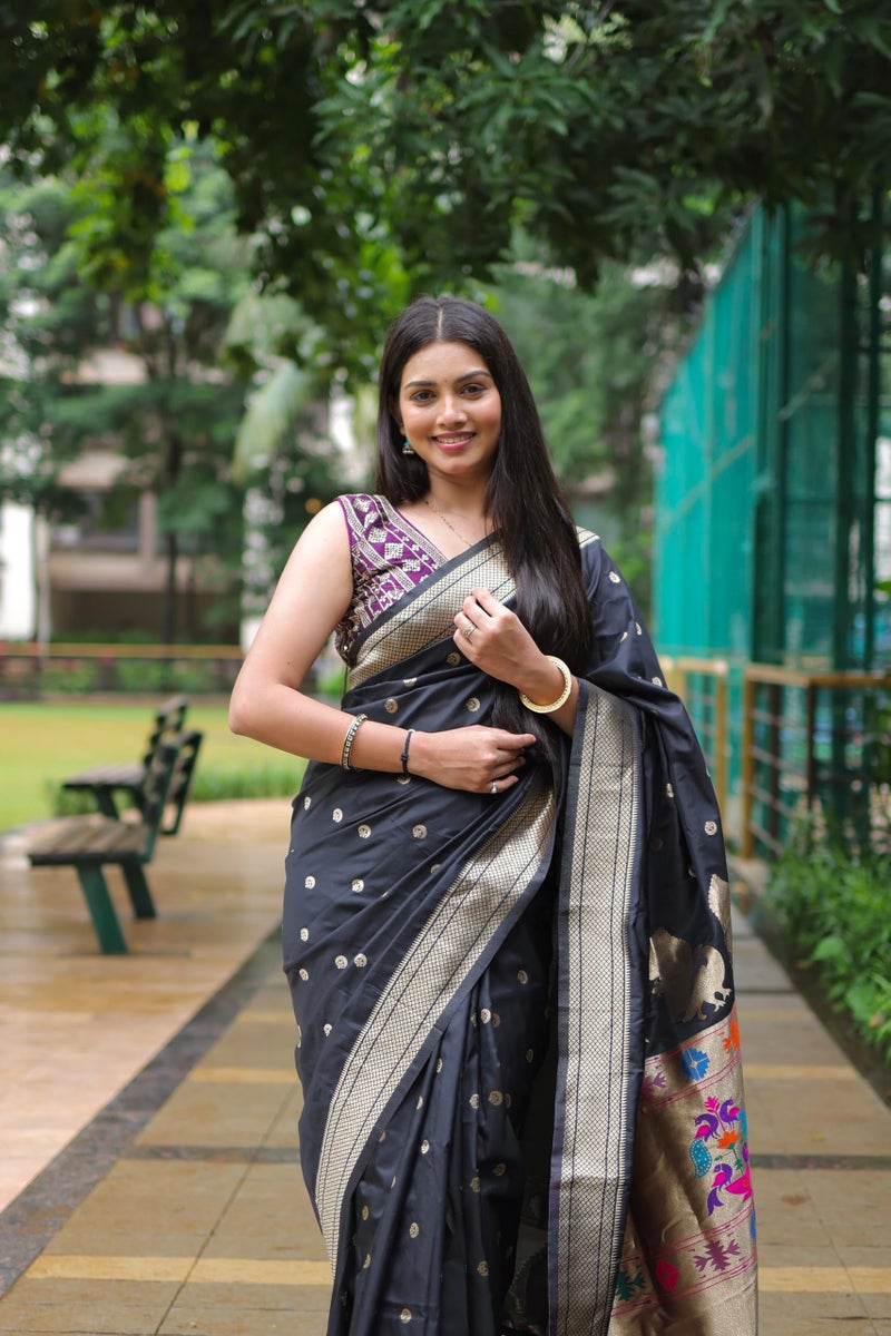 AMIRAT Women's Paithani Silk Saree with Woven Zari | Sari for Women | Kanjivaram Silk Sarees With Blouse (Black) - Image 2