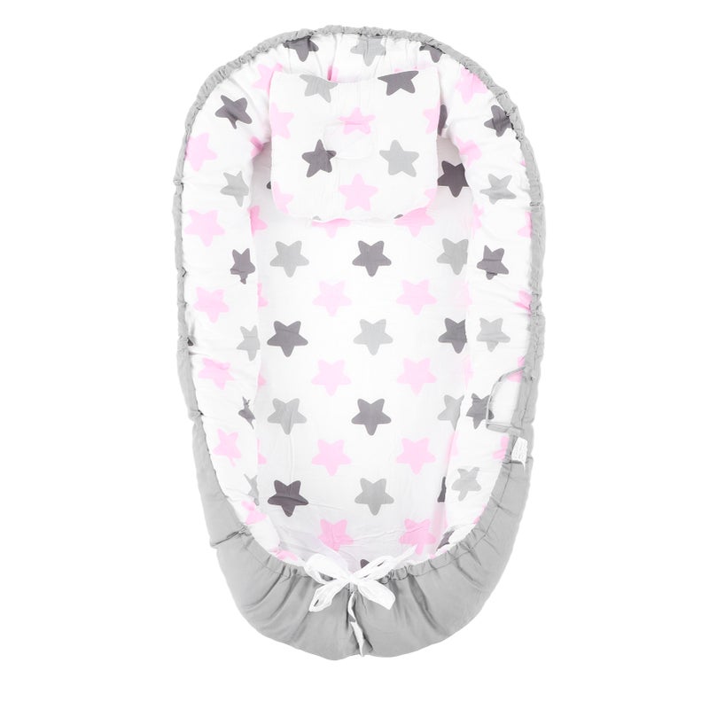 Baby Lounging Cover Foldable Soft Breathable Washable Removeable Infant Nest Cover 19.7 X 33.5in Grey Edge Pink Star - Image 1