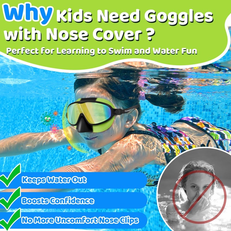 Vvinca Swim Goggles with Nose Cover, 2 Pack Wide View Diving Mask Anti-Fog UV No Leak Toddlers Swimming Goggles for Kids 3-12 - Image 2