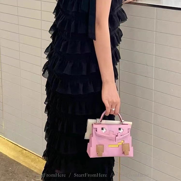 Mosaic Kelly Bag With Concave-Convex Design, Leather Handbag, Crossbody Bag, Underarm Bag, Shoulder Bag, Macaron Color - Image 3