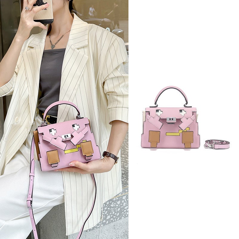 Mosaic Kelly Bag With Concave-Convex Design, Leather Handbag, Crossbody Bag, Underarm Bag, Shoulder Bag, Macaron Color - Image 2
