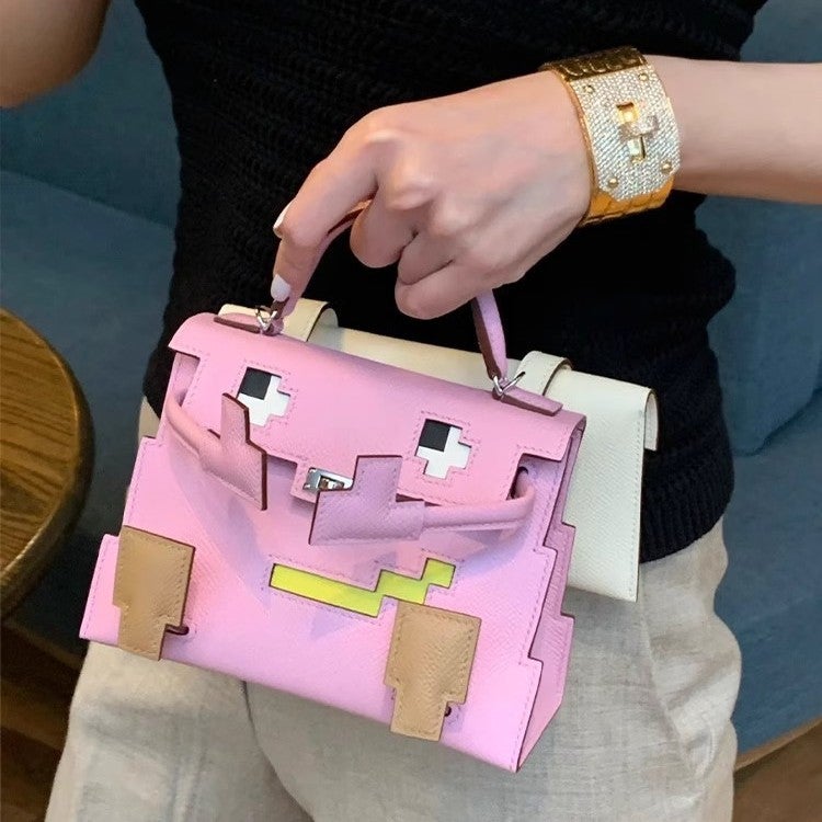 Mosaic Kelly Bag With Concave-Convex Design, Leather Handbag, Crossbody Bag, Underarm Bag, Shoulder Bag, Macaron Color - Image 5