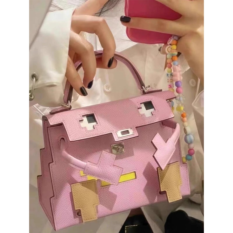 Mosaic Kelly Bag With Concave-Convex Design, Leather Handbag, Crossbody Bag, Underarm Bag, Shoulder Bag, Macaron Color - Image 4