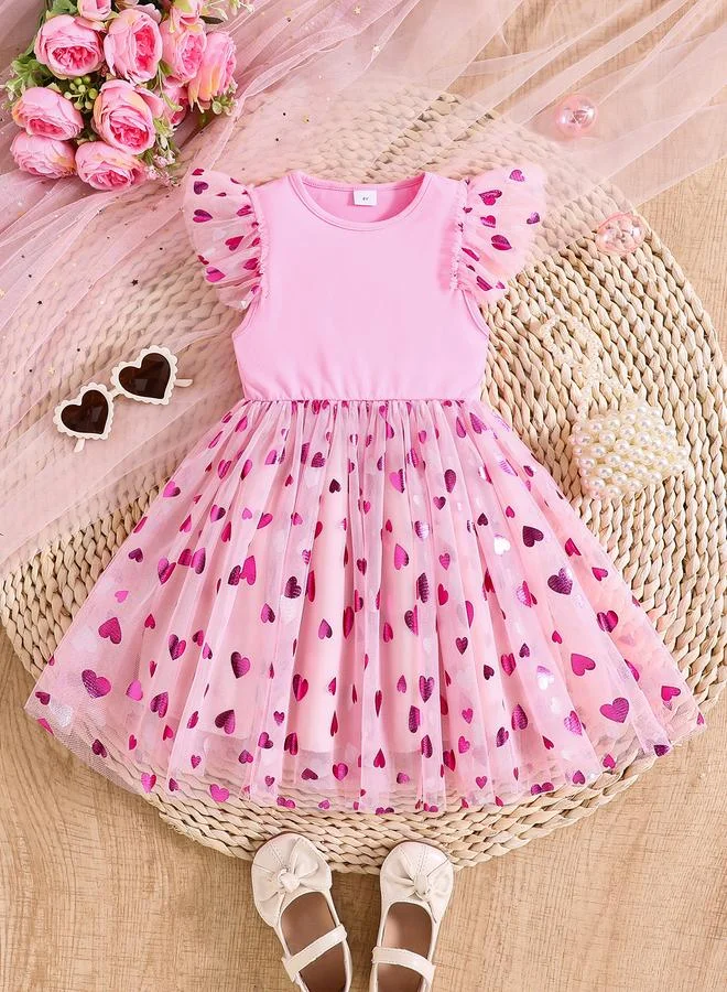 Take Two Girls Pink Mesh Tulle Ruffled Sleeve Dress