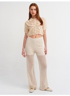 Dilvin 70159 Openwork Waist Elastic Lined Knitwear Trousers-Ecru  - Image 1