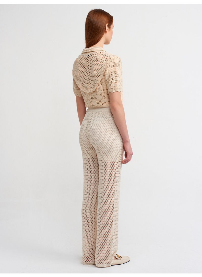 Dilvin - 70159 Openwork Waist Elastic Lined Knitwear Trousers-Ecru - Image 1