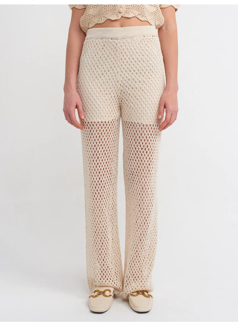 Dilvin 70159 Openwork Waist Elastic Lined Knitwear Trousers-Ecru