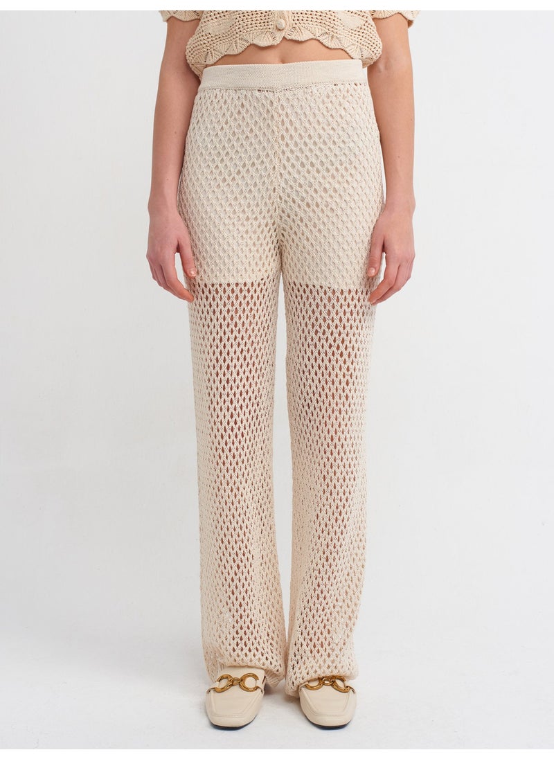 Dilvin - 70159 Openwork Waist Elastic Lined Knitwear Trousers-Ecru - Image 1