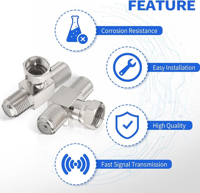 Superbat wlaniot F Type Splitter 3 Way Connector F Male to Dual F Female Coaxial Connector Adapter for TV Video VCR Antenna TV Cable Satellite Tuner Antenna 2pcs - Image 5