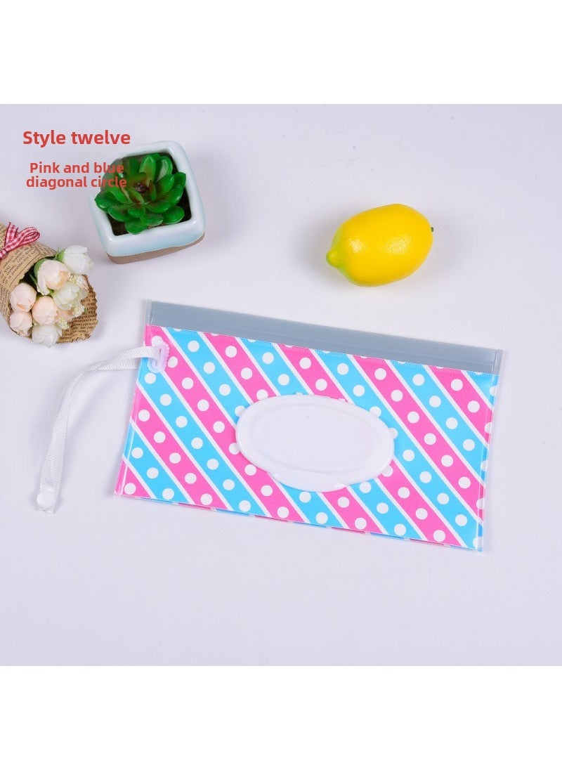 1 x 5 pcs EVA Wet Wipe Bag with Flip Cover for Car and Bathroom Pink blue oblique circle