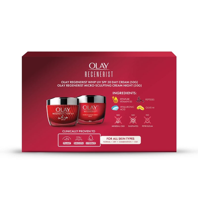 Olay باقة هدايا أولاي ريجينيريست كريم نهاري مع 50 جرام كريم ليلي ميكروسكلبتنج 50 جرام للبشرة المرطبة والممتلئة مع حمض الهيالورونيك والببتيدات للبشرة العادية والدهنية والجافة والمختلطة عبوة من 2 - Image 2