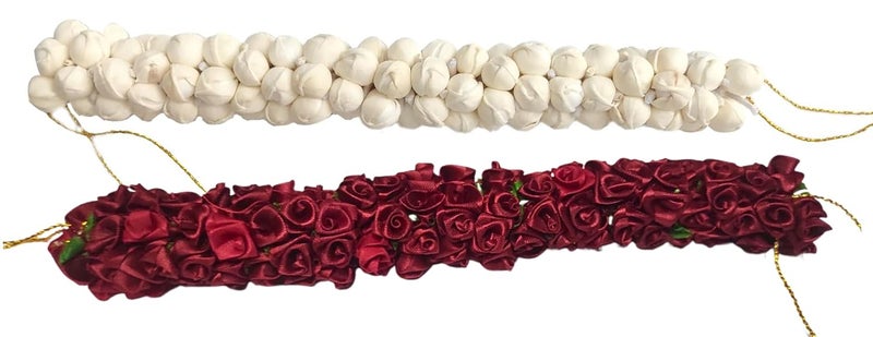 Ervio Beautiful Artificial Flower Gajra Bun Juda Maker Gajra Hair Accessories For Women and Girls Wedding Bridal Bun Bridesmaid Hair Bun Decoration White & Maroon - Image 4