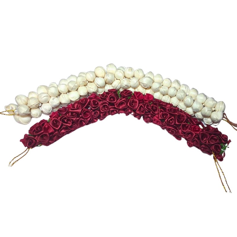 Ervio Beautiful Artificial Flower Gajra Bun Juda Maker Gajra Hair Accessories For Women and Girls Wedding Bridal Bun Bridesmaid Hair Bun Decoration White & Maroon - Image 2