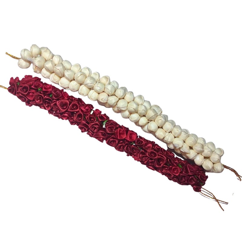 Ervio Beautiful Artificial Flower Gajra Bun Juda Maker Gajra Hair Accessories For Women and Girls Wedding Bridal Bun Bridesmaid Hair Bun Decoration White & Maroon - Image 5