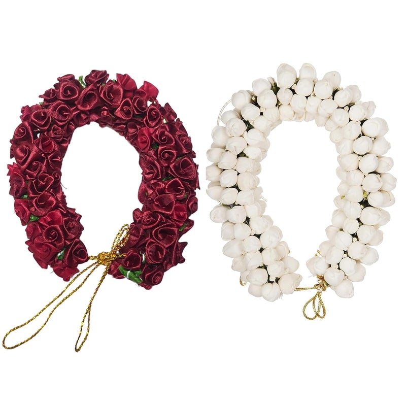 Ervio Beautiful Artificial Flower Gajra Bun Juda Maker Gajra Hair Accessories For Women and Girls Wedding Bridal Bun Bridesmaid Hair Bun Decoration White & Maroon - Image 1
