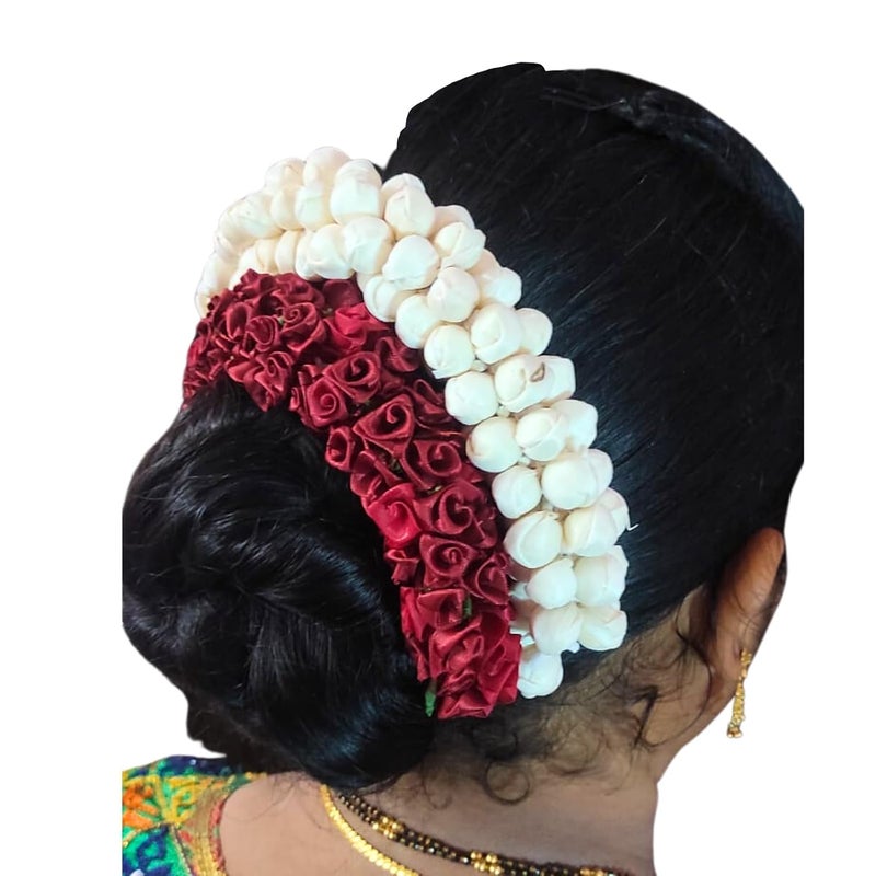 Ervio Beautiful Artificial Flower Gajra Bun Juda Maker Gajra Hair Accessories For Women and Girls Wedding Bridal Bun Bridesmaid Hair Bun Decoration White & Maroon - Image 3
