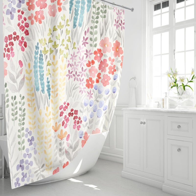 MAYZUS Cute Spring Summer Floral Shower Curtain, Colorful Flower Fabric Shower Curtains, Boho Funky Watercolor Wildflower Trendy Shower Curtain Set, Cottagecore Bohemian Bathroom Decor, 72x72 - Image 2