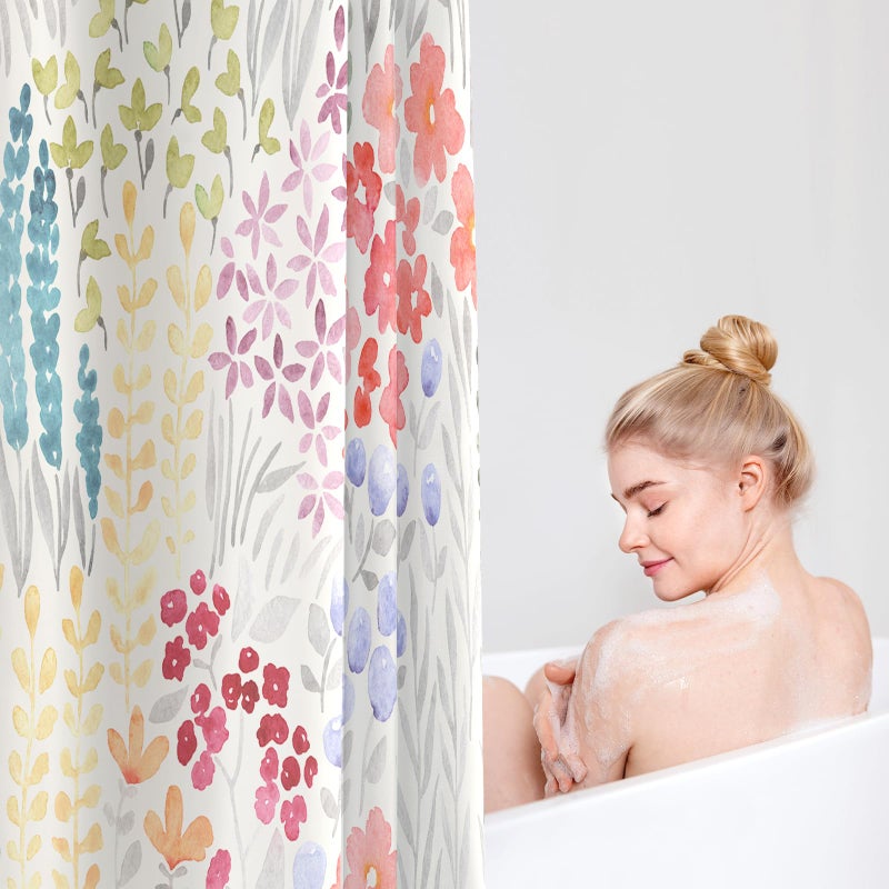 MAYZUS Cute Spring Summer Floral Shower Curtain, Colorful Flower Fabric Shower Curtains, Boho Funky Watercolor Wildflower Trendy Shower Curtain Set, Cottagecore Bohemian Bathroom Decor, 72x72 - Image 3