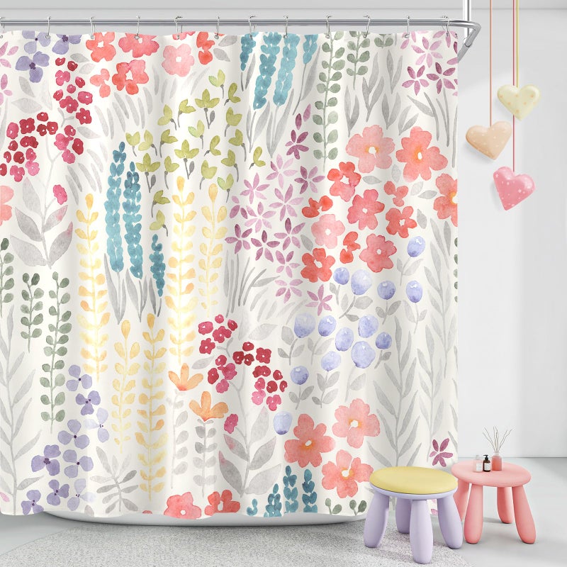 MAYZUS Cute Spring Summer Floral Shower Curtain, Colorful Flower Fabric Shower Curtains, Boho Funky Watercolor Wildflower Trendy Shower Curtain Set, Cottagecore Bohemian Bathroom Decor, 72x72 - Image 1