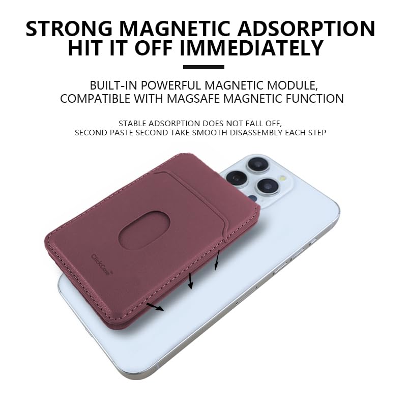 ClickCase محفظة ClickCaseBifold MagSafe، محفظة بسيطة مع حامل، محفظة إغلاق مغناطيسي لهواتف iPhone 16/15/14/13/12، حامل بطاقات، جلد نباتي (أحمر نبيذي) - Image 2