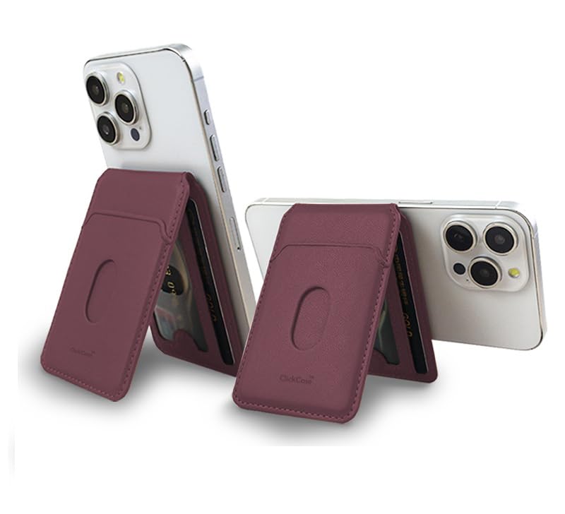 ClickCase محفظة ClickCaseBifold MagSafe، محفظة بسيطة مع حامل، محفظة إغلاق مغناطيسي لهواتف iPhone 16/15/14/13/12، حامل بطاقات، جلد نباتي (أحمر نبيذي) - Image 1