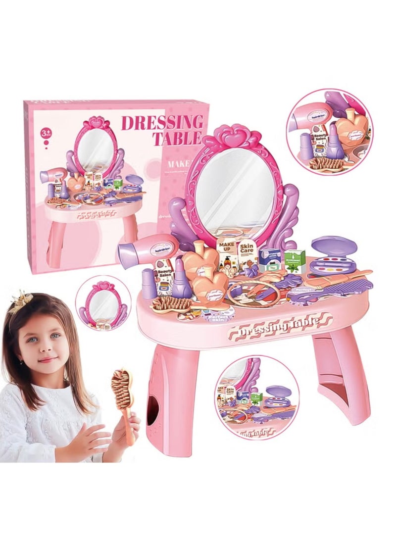 Educational Pretend Play Vanity Set for Girls, 30 Pcs Makeup Kit for Girls, Dressing Table,Toddler Makeup Dresser Table with Mirror, Hair Dryer & Beauty Accessories, Princess Toy Gift for Girls Ages 3+ - Image 1