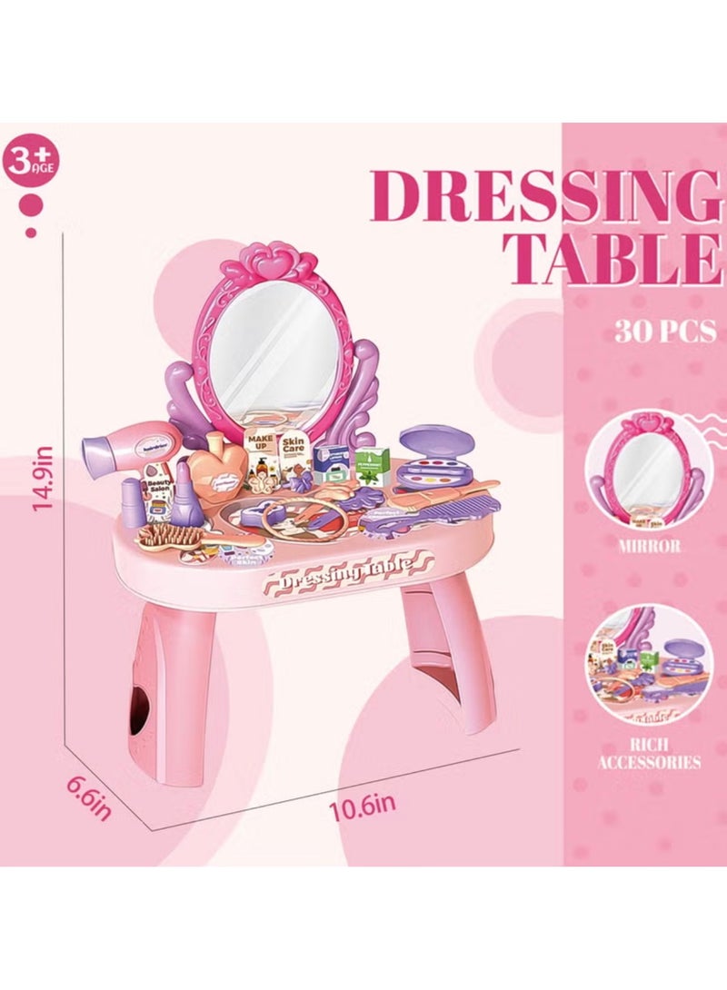 Educational Pretend Play Vanity Set for Girls, 30 Pcs Makeup Kit for Girls, Dressing Table,Toddler Makeup Dresser Table with Mirror, Hair Dryer & Beauty Accessories, Princess Toy Gift for Girls Ages 3+ - Image 2