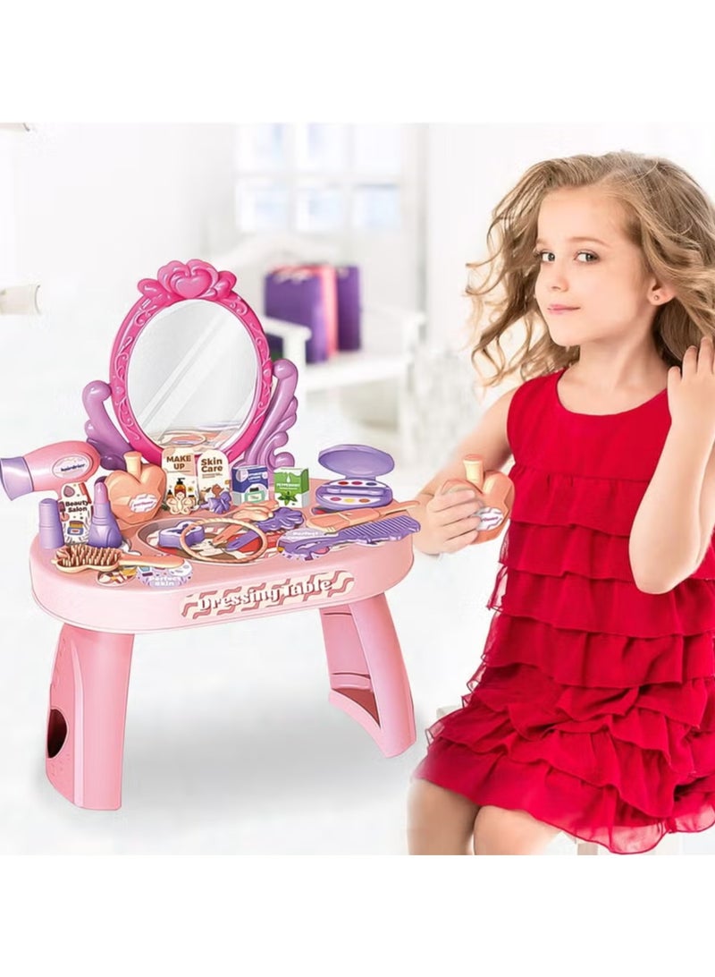 Educational Pretend Play Vanity Set for Girls, 30 Pcs Makeup Kit for Girls, Dressing Table,Toddler Makeup Dresser Table with Mirror, Hair Dryer & Beauty Accessories, Princess Toy Gift for Girls Ages 3+ - Image 3