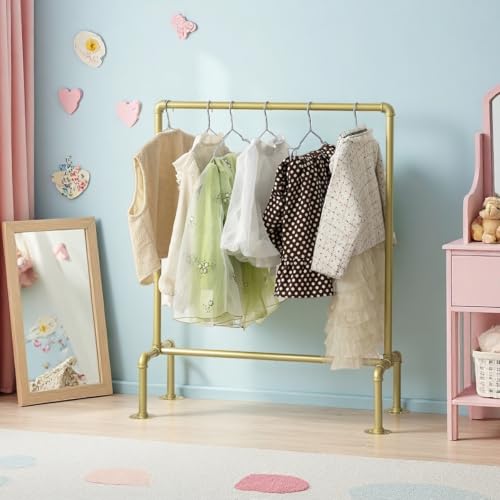 DOFURNILIM Kids Pipes Dress up Racks, Kids Clothing Racks, Child Garment Racks, Hanging Clothes Rod Storage Shelf Organizers Shelves Shelving, Gold Metal - Image 4
