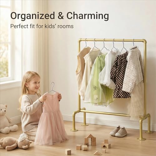 DOFURNILIM Kids Pipes Dress up Racks, Kids Clothing Racks, Child Garment Racks, Hanging Clothes Rod Storage Shelf Organizers Shelves Shelving, Gold Metal - Image 2